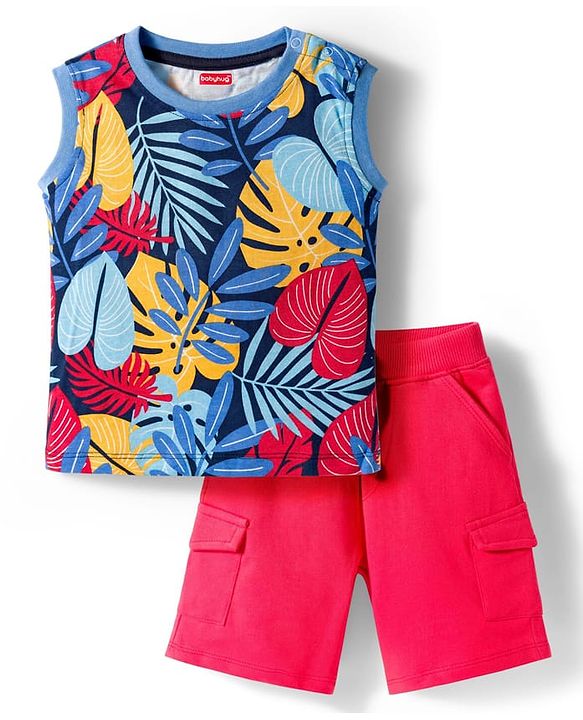 Babyhug Single Jersey Knit Sleeveless Striped T-Shirt & Shorts Set - Multicolor
