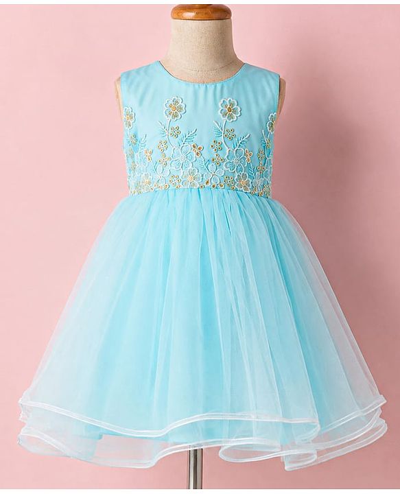 Babyhug Mesh Woven Sleeveless Floral Embroidered Fit & Flare Party Frock With Lace Detailing - Aqua Blue