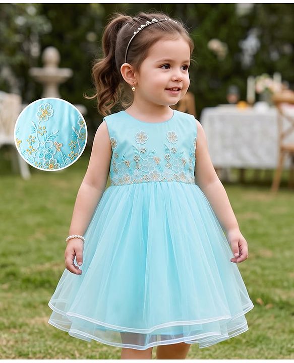 Babyhug Mesh Woven Sleeveless Floral Embroidered Fit & Flare Party Frock With Lace Detailing - Aqua Blue