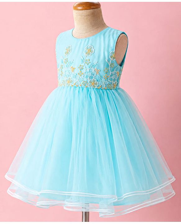 Babyhug Mesh Woven Sleeveless Floral Embroidered Fit & Flare Party Frock With Lace Detailing - Aqua Blue