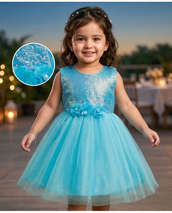 Babyhug Mesh Woven Sleeveless Fit & Flared Shimmered Party Dress with Floral Corsage & Sequin Detailing - Light Blue