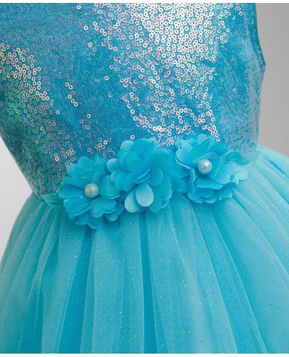 Babyhug Mesh Woven Sleeveless Fit & Flared Shimmered Party Dress with Floral Corsage & Sequin Detailing - Light Blue