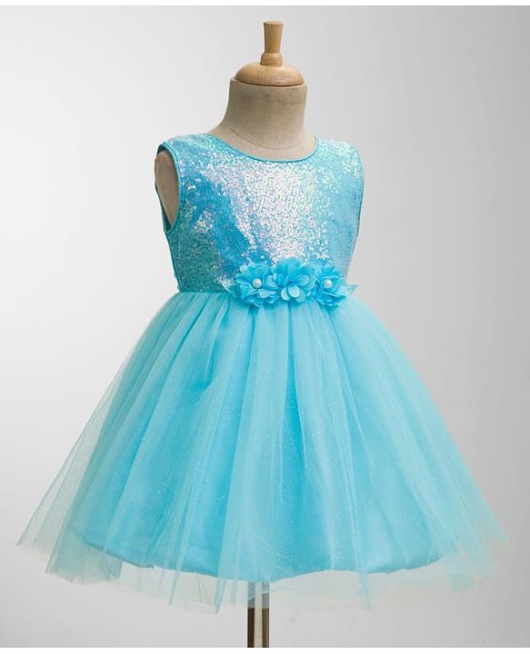 Babyhug Mesh Woven Sleeveless Fit & Flared Shimmered Party Dress with Floral Corsage & Sequin Detailing - Light Blue