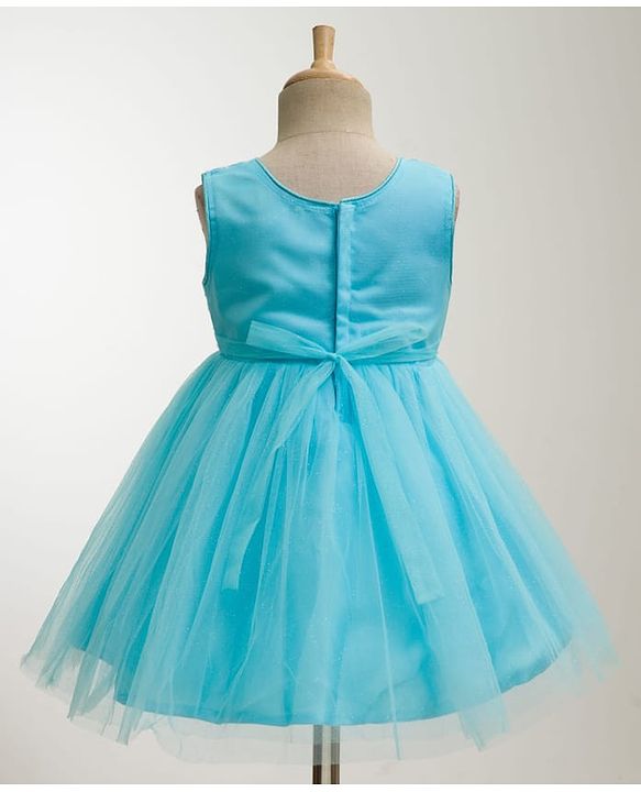 Babyhug Mesh Woven Sleeveless Fit & Flared Shimmered Party Dress with Floral Corsage & Sequin Detailing - Light Blue