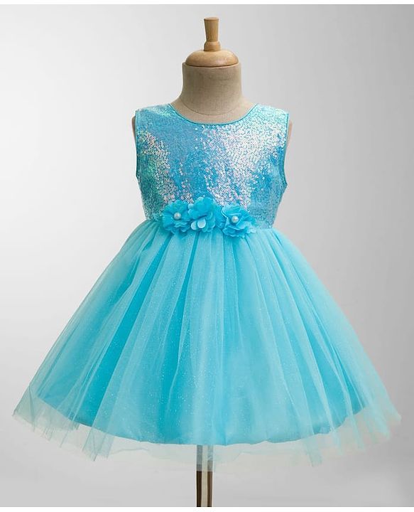 Babyhug Mesh Woven Sleeveless Fit & Flared Shimmered Party Dress with Floral Corsage & Sequin Detailing - Light Blue