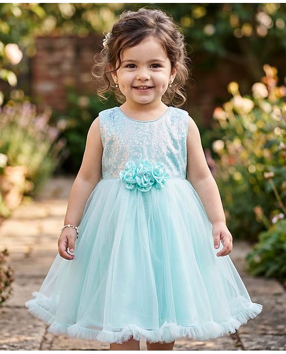 Babyhug Mesh Woven Sleeveless Party Dress With Sequin Detailing & Floral Corsage - Mint