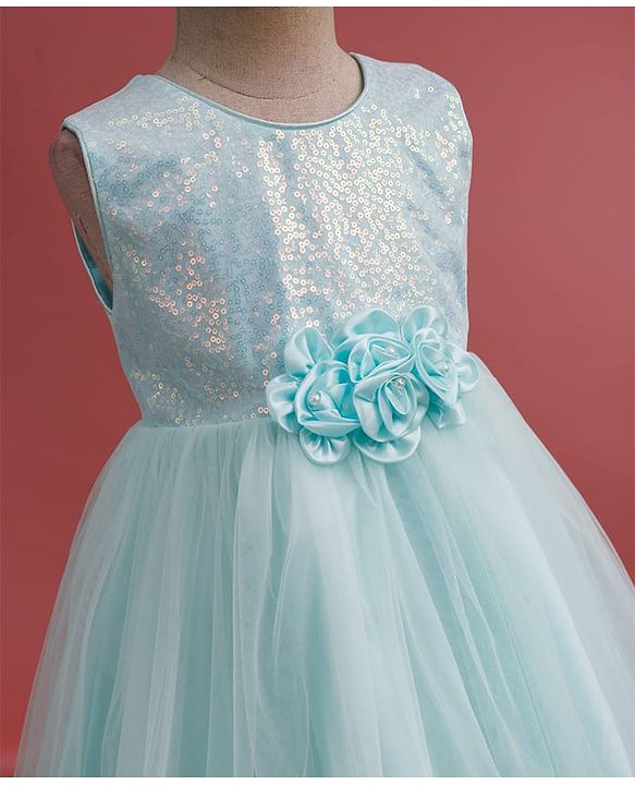 Babyhug Mesh Woven Sleeveless Party Dress With Sequin Detailing & Floral Corsage - Mint