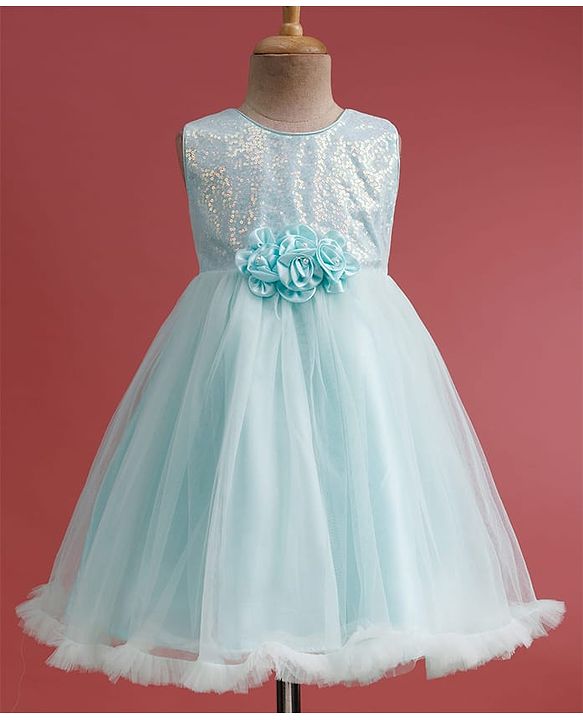 Babyhug Mesh Woven Sleeveless Party Dress With Sequin Detailing & Floral Corsage - Mint