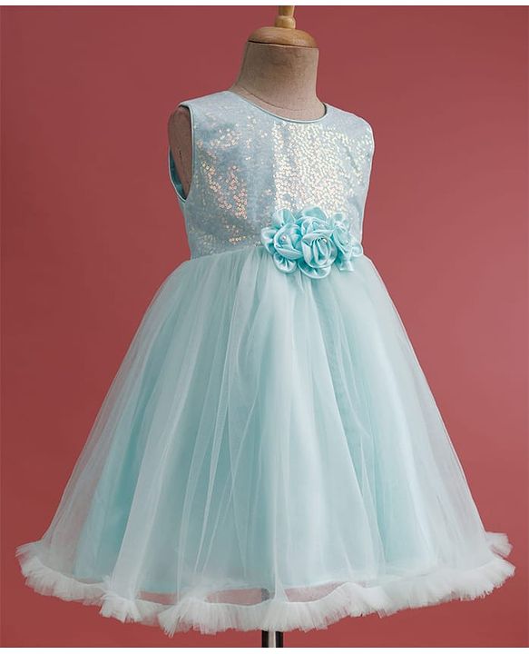Babyhug Mesh Woven Sleeveless Party Dress With Sequin Detailing & Floral Corsage - Mint