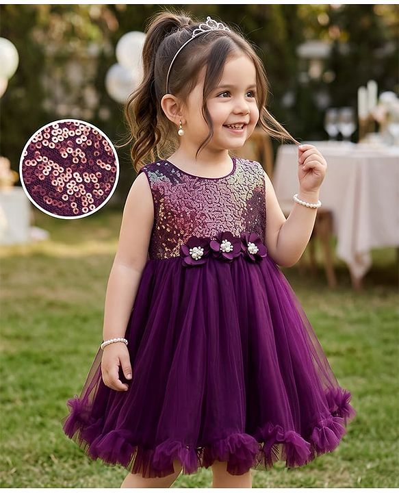 Babyhug Mesh Woven Sleeveless Party Dress With Sequin Detailing & Floral Corsage - Wine