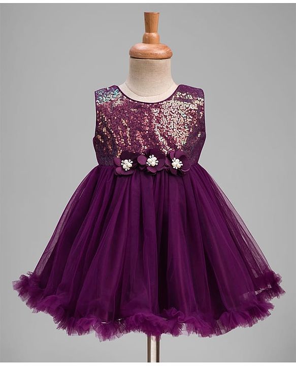 Babyhug Mesh Woven Sleeveless Party Dress With Sequin Detailing & Floral Corsage - Wine