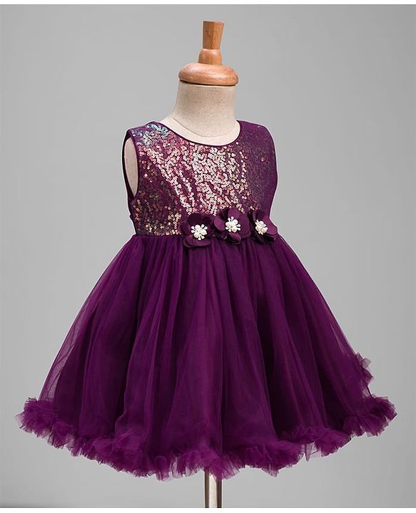 Babyhug Mesh Woven Sleeveless Party Dress With Sequin Detailing & Floral Corsage - Wine