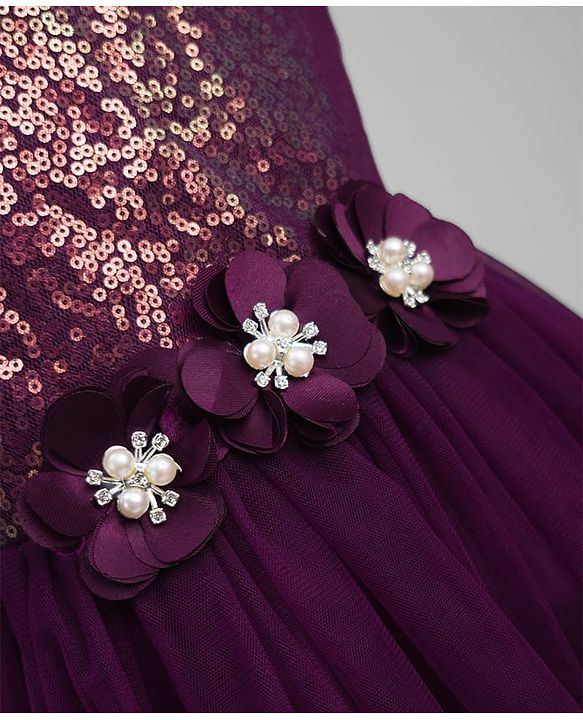Babyhug Mesh Woven Sleeveless Party Dress With Sequin Detailing & Floral Corsage - Wine