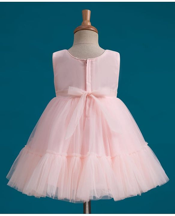 Babyhug Mesh Woven Sleeveless Party Wear Frock With Sequin Detailing & Bow Applique - Peach