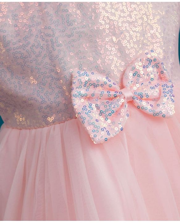 Babyhug Mesh Woven Sleeveless Party Wear Frock With Sequin Detailing & Bow Applique - Peach