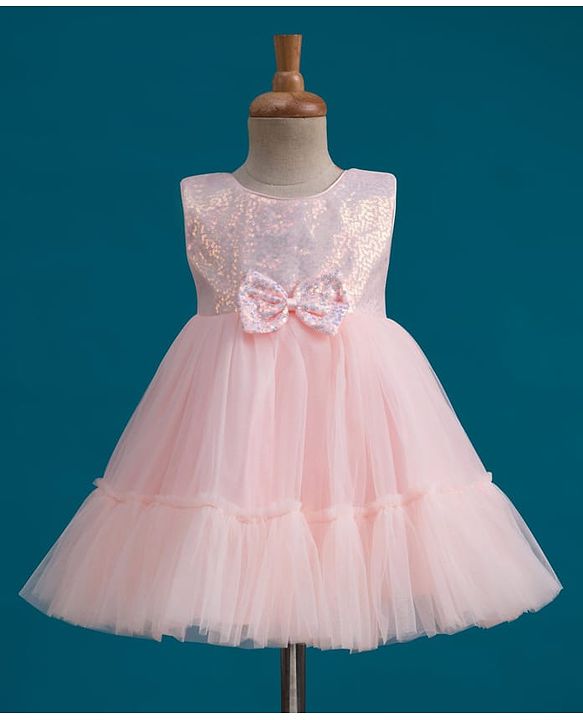 Babyhug Mesh Woven Sleeveless Party Wear Frock With Sequin Detailing & Bow Applique - Peach