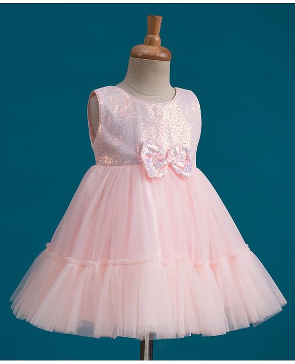 Babyhug Mesh Woven Sleeveless Party Wear Frock With Sequin Detailing & Bow Applique - Peach