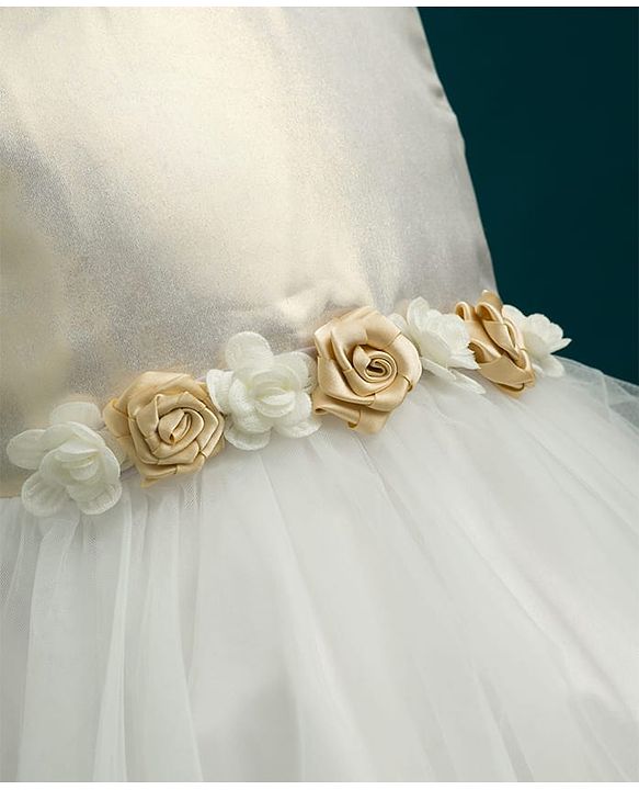 Babyhug Mesh Woven Sleeveless Shimmer Party Dress With Floral Corsage - Off White & Gold