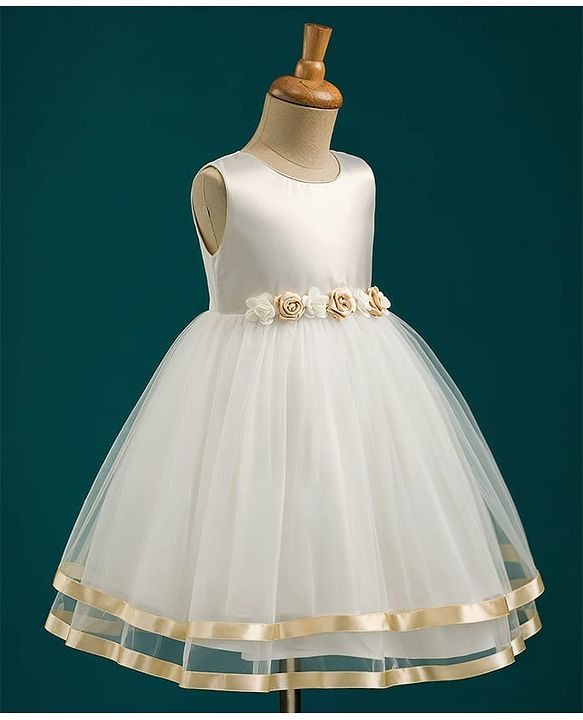 Babyhug Mesh Woven Sleeveless Shimmer Party Dress With Floral Corsage - Off White & Gold