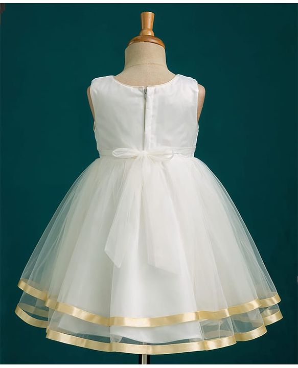 Babyhug Mesh Woven Sleeveless Shimmer Party Dress With Floral Corsage - Off White & Gold