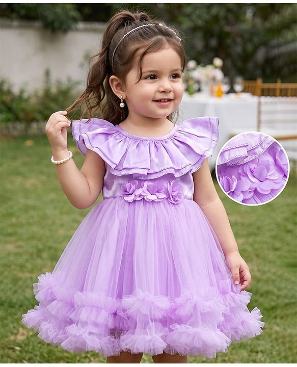 Babyhug Tussor Woven Frill Sleeves Party Frock With Corsage -Lavender