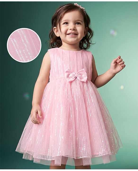 Babyhug Mesh Woven Sleeveless Party Dress With Sequin Detailing & Bow Applique - Light Pink