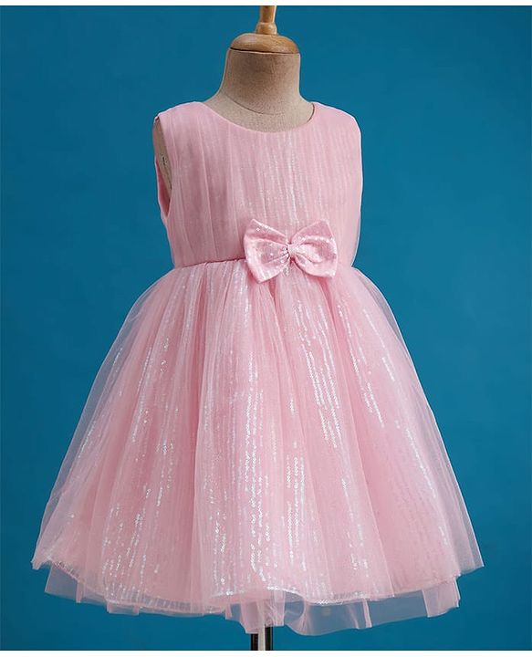Babyhug Mesh Woven Sleeveless Party Dress With Sequin Detailing & Bow Applique - Light Pink