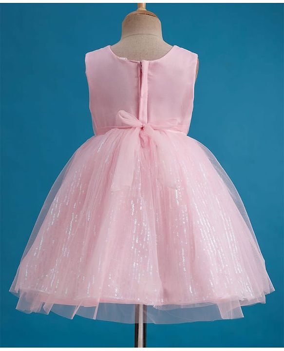 Babyhug Mesh Woven Sleeveless Party Dress With Sequin Detailing & Bow Applique - Light Pink