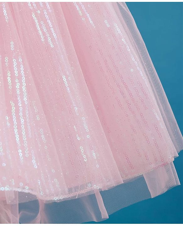 Babyhug Mesh Woven Sleeveless Party Dress With Sequin Detailing & Bow Applique - Light Pink