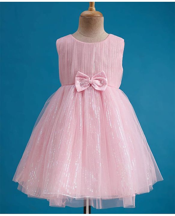 Babyhug Mesh Woven Sleeveless Party Dress With Sequin Detailing & Bow Applique - Light Pink