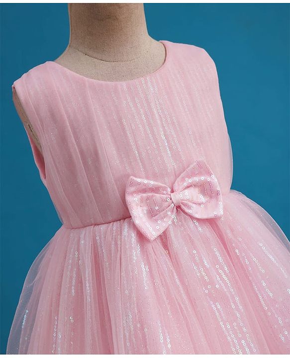 Babyhug Mesh Woven Sleeveless Party Dress With Sequin Detailing & Bow Applique - Light Pink