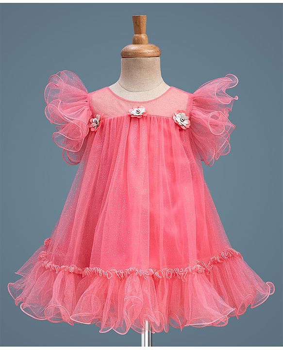 Babyhug Mesh Woven Sleeveless A-Line Party Dress With Floral Applique - Pink