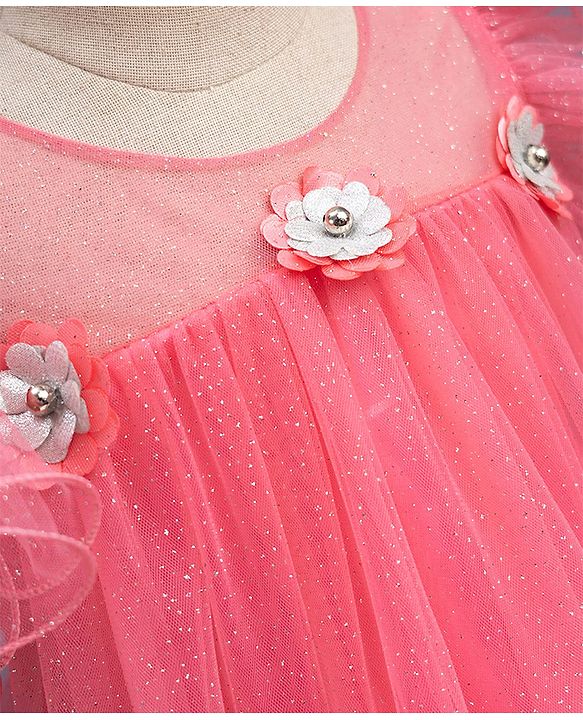 Babyhug Mesh Woven Sleeveless A-Line Party Dress With Floral Applique - Pink