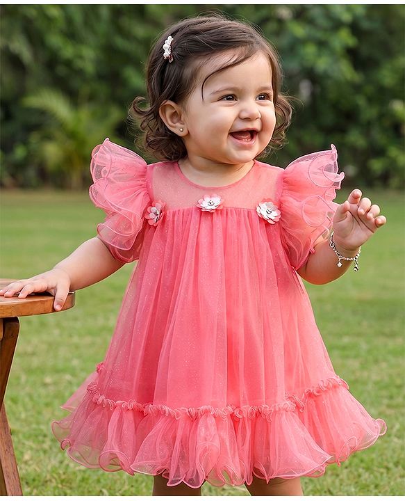 Babyhug Mesh Woven Sleeveless A-Line Party Dress With Floral Applique - Pink