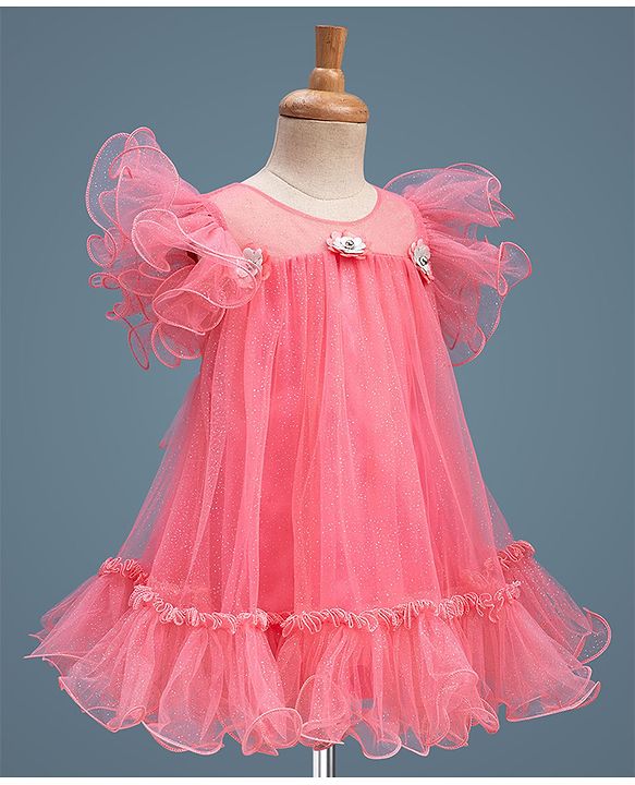 Babyhug Mesh Woven Sleeveless A-Line Party Dress With Floral Applique - Pink
