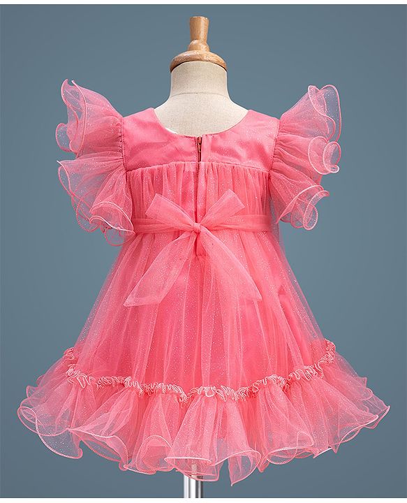Babyhug Mesh Woven Sleeveless A-Line Party Dress With Floral Applique - Pink