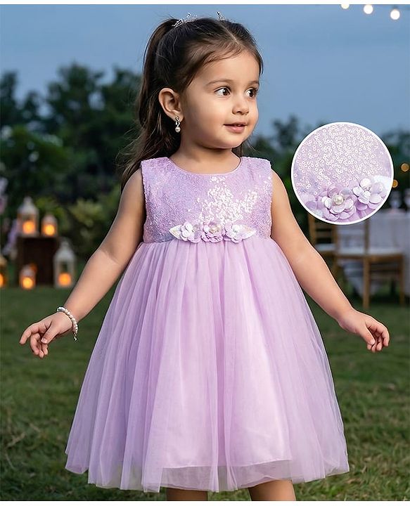 Babyhug Mesh Woven Sleeveless Party Dress With Floral Corsage & Sequin Detailing - Lavender