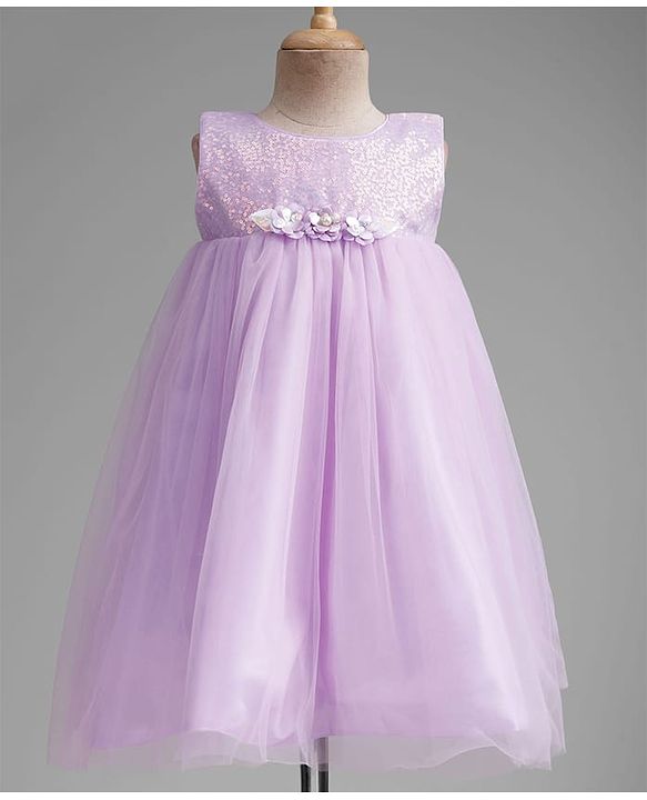Babyhug Mesh Woven Sleeveless Party Dress With Floral Corsage & Sequin Detailing - Lavender