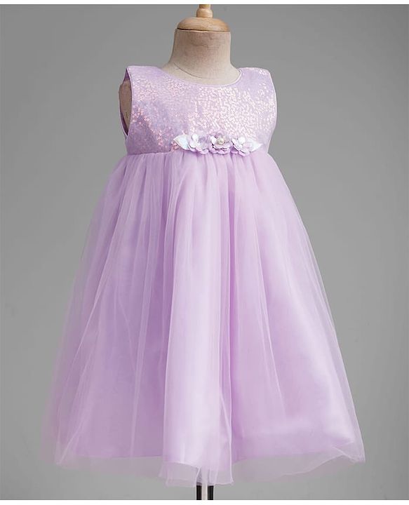 Babyhug Mesh Woven Sleeveless Party Dress With Floral Corsage & Sequin Detailing - Lavender