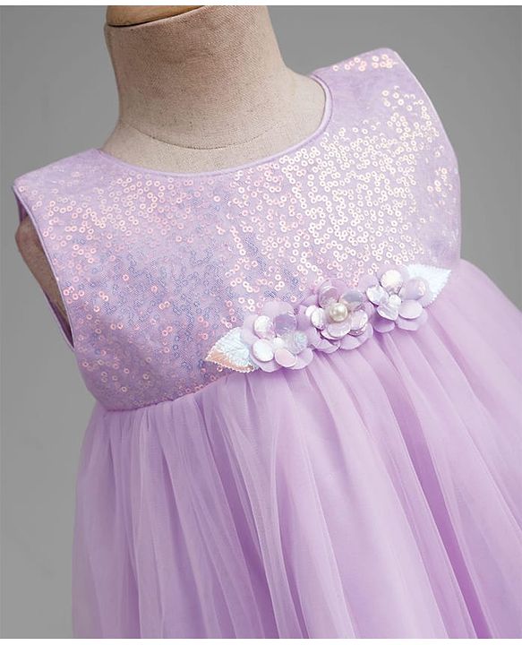 Babyhug Mesh Woven Sleeveless Party Dress With Floral Corsage & Sequin Detailing - Lavender