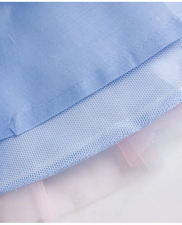 Babyhug Mesh Woven Sleeveless Party Wear Frock With Sequin Detailing & Floral Corsage - Light Blue