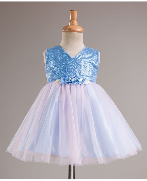 Babyhug Mesh Woven Sleeveless Party Wear Frock With Sequin Detailing & Floral Corsage - Light Blue