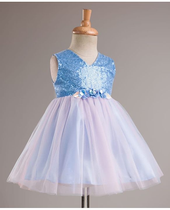 Babyhug Mesh Woven Sleeveless Party Wear Frock With Sequin Detailing & Floral Corsage - Light Blue