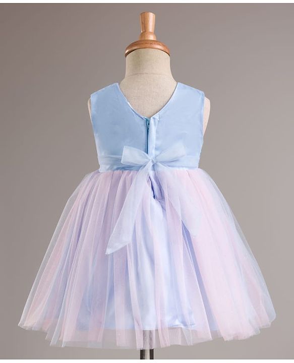 Babyhug Mesh Woven Sleeveless Party Wear Frock With Sequin Detailing & Floral Corsage - Light Blue