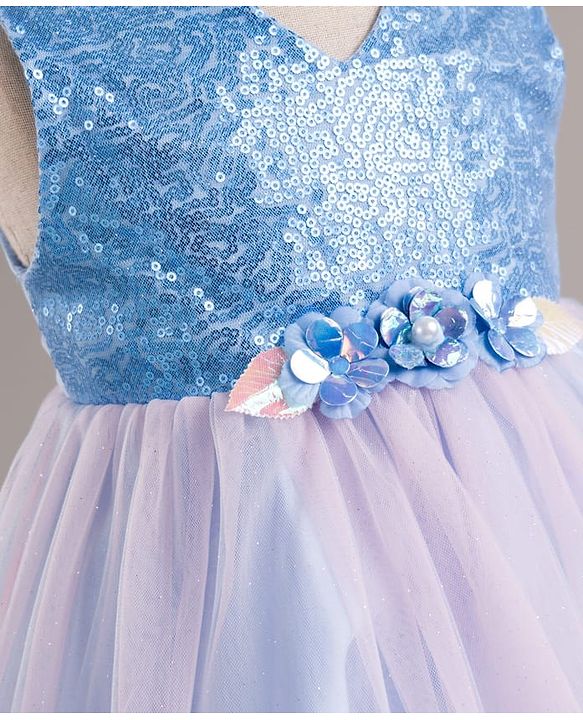 Babyhug Mesh Woven Sleeveless Party Wear Frock With Sequin Detailing & Floral Corsage - Light Blue
