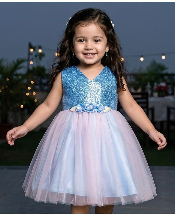 Babyhug Mesh Woven Sleeveless Party Wear Frock With Sequin Detailing & Floral Corsage - Light Blue