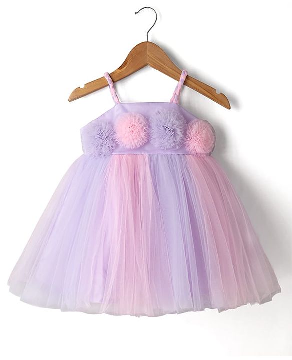 Babyhug Mesh Woven Sleeveless Party Dress With Floral Corsage - Lavender