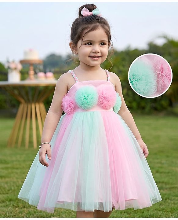 Babyhug Mesh Woven Sleeveless Party Dress With Floral Corsage - Pink