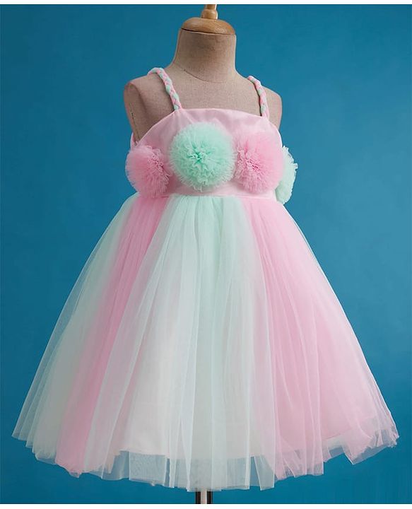 Babyhug Mesh Woven Sleeveless Party Dress With Floral Corsage - Pink