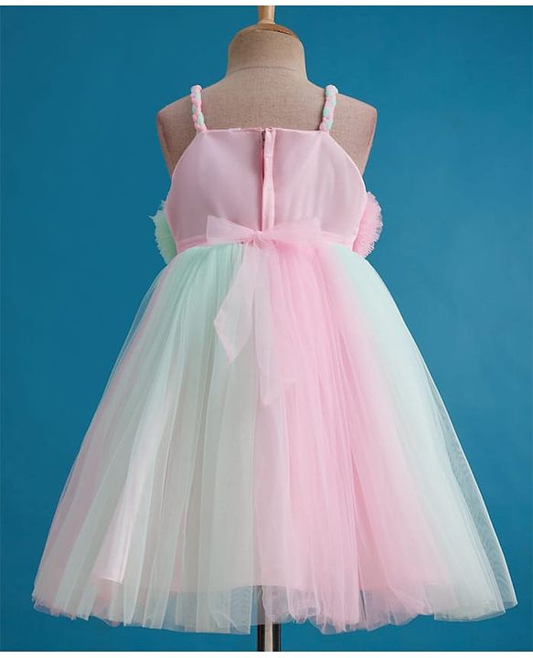 Babyhug Mesh Woven Sleeveless Party Dress With Floral Corsage - Pink